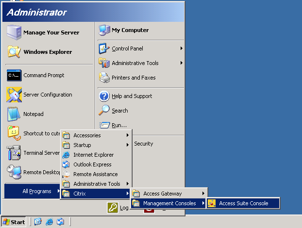 Start the Citrix Access Management Console by clicking Start, All Programs, Citrix, Management Consoles and Access Suite Console